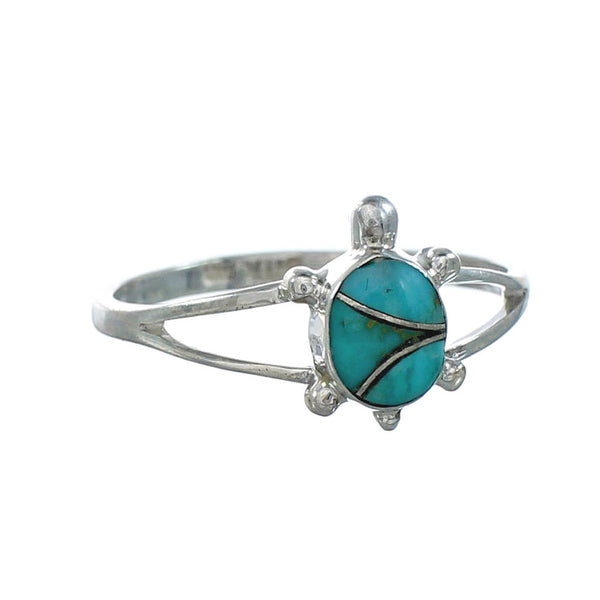 Genuine Turquoise Inlay Sterling Silver Navajo Turtle Ring Size 7-3/4 TX10101
